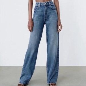 Zara Women's High Rise Wide Leg Raw Hem Denim Jeans